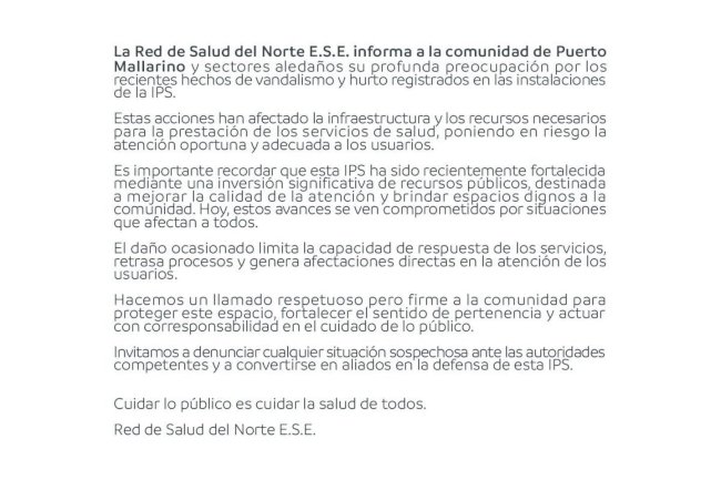 Comunicado oficial sobre situación en la IPS Puerto Mallarino