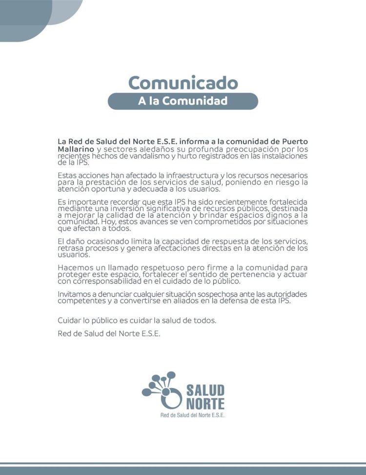 Comunicado oficial sobre situación en la IPS Puerto Mallarino